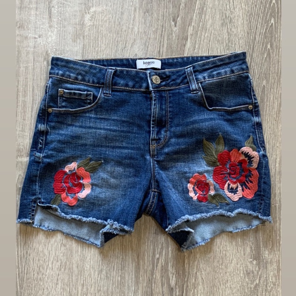 Embroidered Denim Stretch Shorts by Kensie Jeans